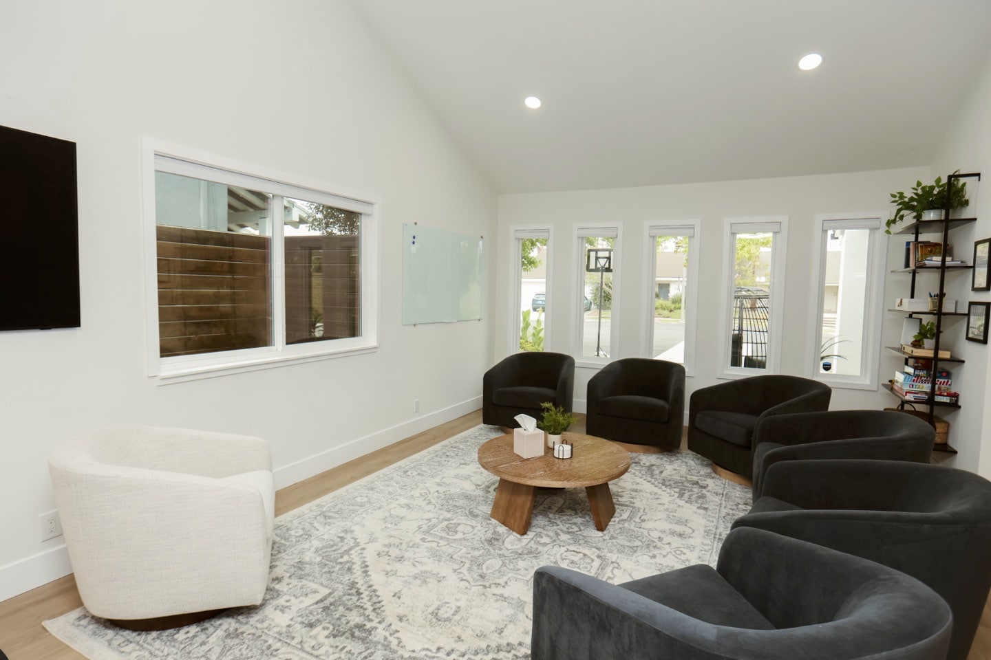 CariHouse1JaredSislinPhoto-8-copyjpg - Lonestar Mental Health Bright therapy room with circle of chairs, rug, and natural light. Counseling space for mental health wellness.