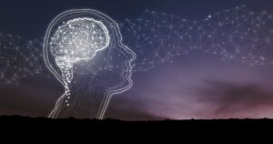 Outline of a human head with a glowing brain and interconnected neural network lines over a twilight sky, illustrating AI or neuroscience concepts.