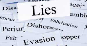 White cards scattered with the word "Lies" in the center, surrounded by terms like dishonesty, falsehood, and fabrication/.