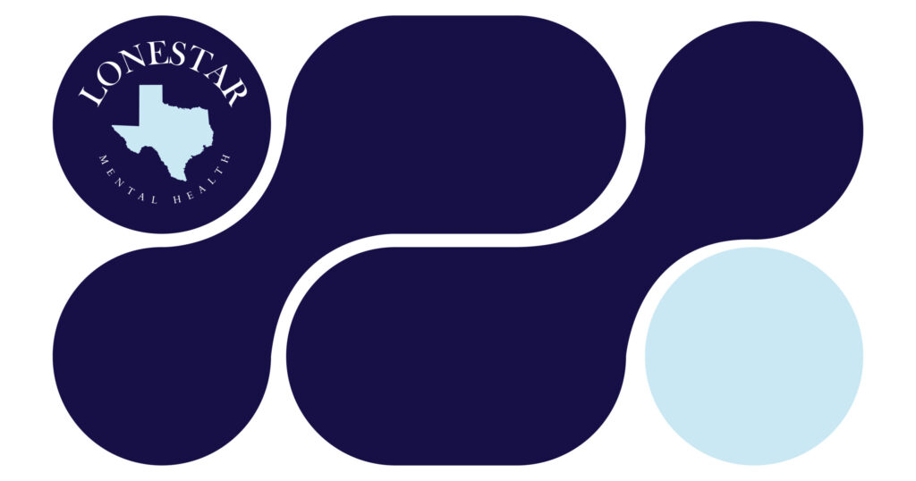 LoneStar Mental Health logo: dark navy circular badge with a light blue Texas silhouette and the words LONESTAR MENTAL HEALTH around it, plus an abstract navy shape and a light blue circle on a white background.