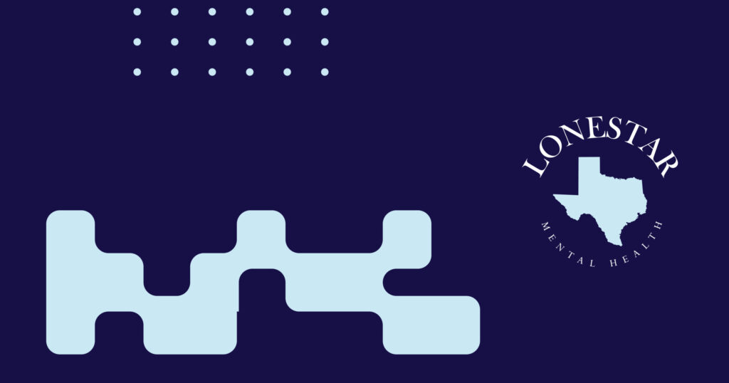 Dark blue banner with a pale blue dotted grid in the top-left, interlocking pale-blue shapes across the bottom, and a Lonestar Mental Health logo with a Texas outline on the right.