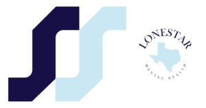 Left: abstract dark navy and light blue geometric shapes forming a stylized 'dp'; right: circular Lone Star Mental Health logo with a Texas silhouette.
