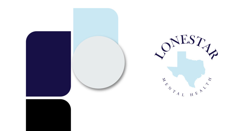 Abstract geometric shapes on the left and the Lone Star Mental Health logo with a light blue Texas map on the right.