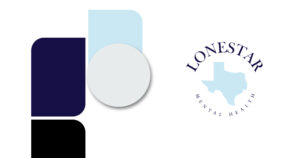 Abstract geometric shapes on the left and the Lone Star Mental Health logo with a light blue Texas map on the right.
