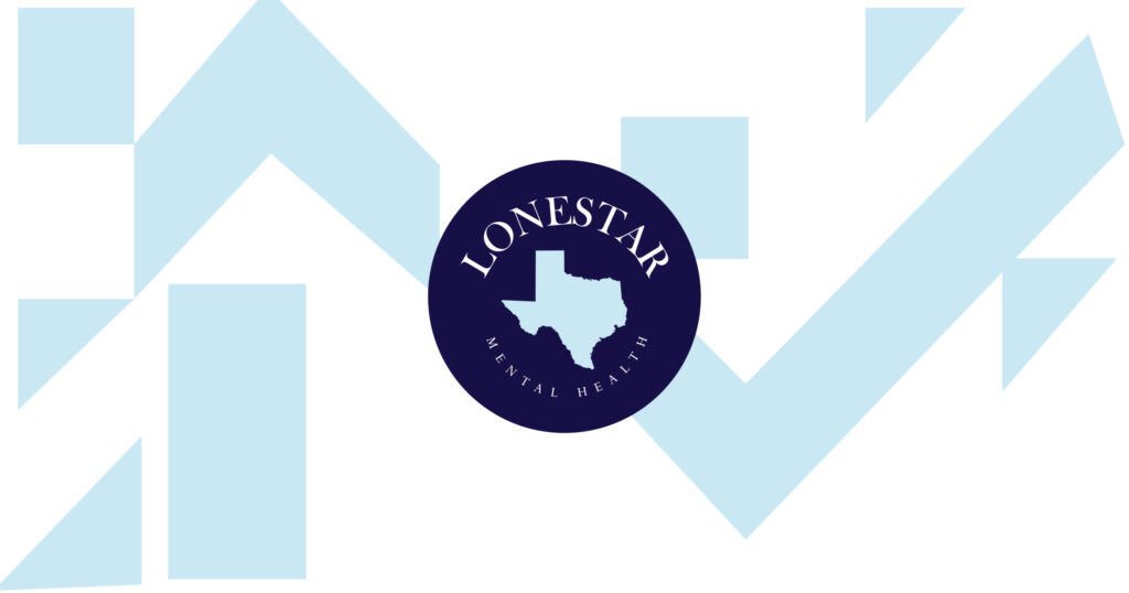 Lonestar Mental Health logo centered on a dark blue circle with a light blue Texas silhouette; pale geometric shapes as background.