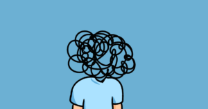 Cartoon person with a tangled black scribble for a head, symbolizing confusion against a blue background.”