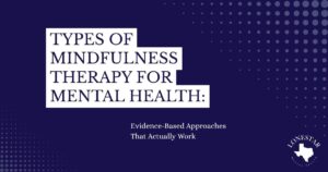Cover slide presenting the title 'Types of Mindfulness Therapy for Mental Health: Evidence-Based Approaches That Actually Work' on a dark blue background with dot patterns and the LoneStar logo at the bottom right.