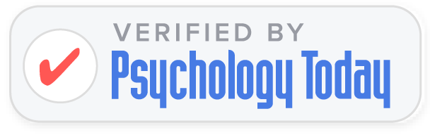 Verified by Psychology Today badge featuring a red checkmark in a white circle and blue 'Psychology Today' text on a light gray rounded rectangle.