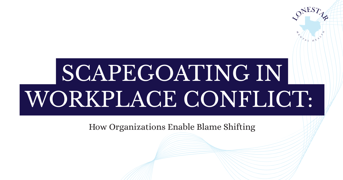 Cover slide: 'Scapegoating in Workplace Conflict: How Organizations Enable Blame Shifting' with a dark blue banner and pale wave design; Lonestar logo in the top-right corner.